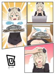 Rule 34 | &gt;:o, + +, 1girl, :d, black shirt, blonde hair, blush, breasts, car, child&#039;s drawing, comic, crayon, downblouse, drawing, fang, from above, green eyes, hand on another&#039;s head, headpat, highres, horns, keihh, motor vehicle, no bra, no pants, open mouth, original, out of frame, shirt, small breasts, smile, sparkle, tesla (company), v-shaped eyebrows