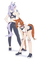 Rule 34 | 2girls, animal ears, bent over, black footwear, black shorts, black socks, braid, braided ponytail, breath, clothing cutout, commentary request, full body, glasses, hands on own knees, highres, holding thermos, horse ears, horse girl, horse tail, ikuno dictus (umamusume), leggings, long hair, looking at viewer, mejiro mcqueen (umamusume), multiple girls, orange hair, purple hair, round eyewear, shirt, shoes, shorts, sideways mouth, simple background, sinnra art, socks, sports bra, standing, sweat, tail, tail through clothes, tank top, thermos, umamusume, very sweaty, white background, white shirt