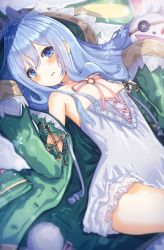 Rule 34 | 1girl, absurdres, arms up, bare shoulders, blue eyes, blue hair, blush, breasts, cleavage, coat, date a live, dress, green coat, hair between eyes, highres, long hair, lying, off shoulder, on back, open clothes, open coat, open mouth, pekoli, sleeves past wrists, small breasts, solo, strapless, strapless dress, thighs, white dress, yoshino (date a live), yoshinon