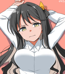 Rule 34 | 1girl, artist name, black hair, blush, breasts, closed mouth, collared shirt, kantai collection, large breasts, long hair, long sleeves, looking at viewer, moti coi, multicolored hair, naganami (kancolle), one-hour drawing challenge, orange background, shirt, signature, simple background, solo, upper body, wavy hair, white shirt, yellow eyes
