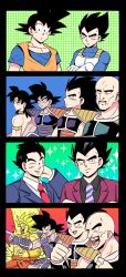 Rule 34 | 4koma, abs, alternate hairstyle, armlet, armor, bald, broly (dragon ball z), circlet, clenched hands, collarbone, comic, crossed arms, dougi, dragon ball, dragonball z, earrings, facial hair, formal, frown, gaijin 4koma (meme), gloves, highres, jewelry, legendary super saiyan, male focus, meme, muscular, mustache, nappa, neck ring, necktie, one eye closed, open mouth, pesogin, pointing, raditz, shoulder armor, smile, son goku, sparkle, striped necktie, striped neckwear, suit, super saiyan, tullece, vegeta, white gloves