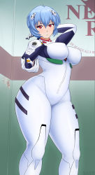 Rule 34 | 1girl, absurdres, ayanami rei, blue hair, blush, bodysuit, breasts, cleft of venus, curvy, highres, large breasts, looking at viewer, neon genesis evangelion, plugsuit, plump, red eyes, solo, standing, thick thighs, thighs, zask