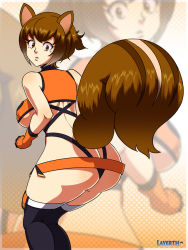 Rule 34 | 1girl, animal ears, ass, blazblue, boots, breasts, brown eyes, brown hair, butt crack, crop top, furry, gloves, huge ass, large breasts, layerth, looking back, makoto nanaya, microskirt, skirt, sleeveless, solo, squirrel ears, squirrel tail, tail, thong, underboob, white hair
