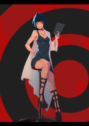 Rule 34 | 10s, 1girl, armpits, blue hair, choker, clipboard, dress, high heels, highres, holding, jewelry, lab coat, lipstick, long sleeves, makeup, necklace, off shoulder, parted lips, persona, persona 5, platform footwear, platform heels, ray (nagaseray), red eyes, short hair, sitting, sleeveless, sleeveless dress, solo, stool, takemi tae