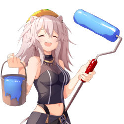 Rule 34 | 1girl, :d, ^ ^, absurdres, ame., animal ears, bare arms, bare shoulders, black shirt, black shorts, breasts, bucket, cleavage, closed eyes, commentary request, crop top, facing viewer, grey hair, hard hat, helmet, highres, holding, holding bucket, hololive, lion ears, lion tail, long hair, medium breasts, midriff, navel, open mouth, paint can, paint roller, see-through, see-through cleavage, shirt, shishiro botan, shishiro botan (1st costume), shorts, simple background, sleeveless, sleeveless shirt, smile, solo, tail, teeth, upper teeth only, virtual youtuber, white background, yellow headwear