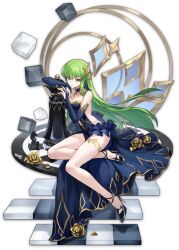 Rule 34 | 1girl, artist request, black footwear, blue dress, c.c., chess piece, code geass, detached sleeves, dress, earrings, flower, golden rose, green hair, hair ornament, high heels, highres, jewelry, knight (chess), mahjong soul, official art, pawn (chess), pumps, rose, shoes, sitting, solo, stiletto heels, transparent background, yellow eyes