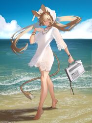 Rule 34 | 1girl, absurdres, alternate costume, animal ears, arknights, barefoot, beach, blonde hair, blue sky, bracelet, cloud, cloudy sky, commission, crossed bangs, day, distr, dorothy (arknights), dress, ear tag, feet, full body, hair between eyes, highres, jewelry, legs, long hair, looking at viewer, mouse ears, mouse girl, mouse tail, necklace, ocean, outdoors, sand, sky, smile, solo, standing, sundress, tail, tiptoes, toenails, toes, watch, water, waves, white dress, white headwear, wristwatch, yellow eyes