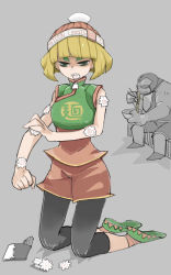 Rule 34 | 1boy, 1girl, arms (game), axe, bandages, beanie, bike shorts, blonde hair, chinese clothes, food, green eyes, hat, highres, leggings, leggings under shorts, mask, master mummy (arms), min min (arms), monster boy, noodles, pantyhose, short hair, shorts, weapon