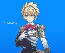 Rule 34 | 1girl, aegis (persona), android, arm cannon, black jacket, black skirt, blonde hair, blue background, blue eyes, bow, bowtie, breasts, copyright name, highres, jacket, joints, looking at viewer, medium breasts, parted lips, persona, persona 3, persona 3 reload, red bow, red bowtie, robot joints, short hair, simple background, skirt, solo, teshima nari, torn clothes, torn jacket, weapon