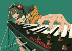 Rule 34 | 1girl, absurdres, bikini, bikini top only, black bikini, black socks, feet out of frame, flat color, foreshortening, goggles, goggles on head, green background, green hair, green nails, gumi, headphones, headphones around neck, highres, hood, hooded jacket, instrument, jacket, keyboard (instrument), komugiko 2000, looking at viewer, nail polish, open mouth, red eyes, short hair, simple background, socks, solo, swimsuit, vocaloid, wire, yellow jacket