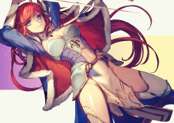 Rule 34 | 1girl, armor, blue dress, boots, breasts, cape, cleavage, cleavage cutout, closed mouth, clothing cutout, commentary, commission, dated commentary, dress, faulds, fujikawa arika, fur-trimmed cape, fur trim, gold trim, holding, holding sword, holding weapon, letterboxed, long hair, long sleeves, looking at viewer, medium breasts, navel, navel cutout, original, pelvic curtain, poleyn, purple eyes, red cape, red hair, smile, solo, sword, thigh boots, two-tone dress, vambraces, very long hair, weapon, white dress, white footwear