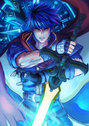 Rule 34 | 1boy, absurdres, black gloves, blue eyes, blue hair, cape, clenched teeth, fingerless gloves, fire emblem, fire emblem: path of radiance, gloves, hair between eyes, highres, holding, holding sword, holding weapon, ike (fire emblem), jack (kairuhaido), looking at viewer, male focus, nintendo, ragnell, red cape, short hair, solo, spiked hair, standing, sword, teeth, weapon