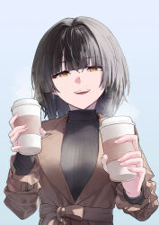 Rule 34 | 1girl, :d, absurdres, black hair, black sweater, brown coat, brown eyes, coat, commentary request, cup, disposable cup, drink, earrings, highres, holding, holding cup, holding drink, jewelry, long sleeves, looking at viewer, medium hair, open mouth, original, smile, solo, sweater, teeth, turtleneck, turtleneck sweater, upper teeth only, vikpie