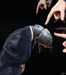 Rule 34 | 1boy, arthropod boy, black background, black jacket, bug, commentary request, highres, jacket, original, out of frame, pillbug, pointing, pointing at another, signature, simple background, utsusemi rari