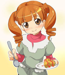 Rule 34 | 00s, 1girl, blush, brown eyes, drill hair, holding, ixy, long hair, looking at viewer, onegai my melody, orange hair, plate, sanrio, sauce, simple background, smile, solo, spoon, twin drills, twintails, white background, yumeno uta