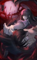Rule 34 | 1girl, absurdres, akimurasaki, artist name, black dress, black hair, blood, bone, chainsaw man, dress, facial scar, foot out of frame, foreshortening, from side, highres, holding, holding bone, holding weapon, leg up, long hair, looking ahead, motion blur, open mouth, outstretched arm, pinafore dress, red background, ringed eyes, scar, scar on cheek, scar on face, school uniform, severed head, shirt, shoes, signature, sleeveless, sleeveless dress, smile, solo, spine, swinging, tanaka (chainsaw man), weapon, white shirt, yellow eyes, yoru (chainsaw man)