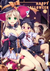 Rule 34 | 1boy, 1girl, :d, age difference, amemiya ruki, animal ears, bare shoulders, black shorts, blush, breasts, broom, broom riding, commentary request, detached collar, detached sleeves, earrings, fang, green eyes, halloween, hand on another&#039;s shoulder, hat, hat ribbon, heart, highres, jewelry, large breasts, leotard, light brown hair, long hair, looking at viewer, open mouth, orange ribbon, original, red eyes, ribbon, shirt, shorts, smile, star (symbol), tearing up, thigh strap, very long hair, white shirt, witch hat
