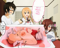 Rule 34 | 10s, 1boy, 2girls, black hair, blonde hair, blush, bottomless, breasts, brother and sister, brown eyes, brown hair, butterfly sitting, censored, clothed sex, clothes lift, controller, covered erect nipples, doma taihei, doma umaru, ebina nana, glasses, hard-translated, hetero, himouto! umaru-chan, kotatsu, large breasts, long hair, lying, morokoshitaroh, motion lines, multiple girls, on stomach, open mouth, panties, penis, pillow, playing games, profile, pun, school uniform, semi-rimless eyewear, sex, short hair, siblings, sitting, skirt, skirt lift, stealth sex, striped clothes, striped panties, table, third-party edit, translated, twintails, under-rim eyewear, under kotatsu, under table, underwear, vaginal, wavy mouth, x-ray