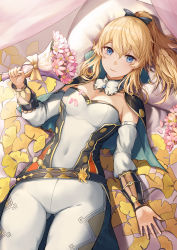 Rule 34 | 1girl, absurdres, bed sheet, blonde hair, blue eyes, bouquet, bow, breasts, capelet, cleavage, detached collar, detached sleeves, flower, genshin impact, hair between eyes, highres, jean (genshin impact), long hair, looking at viewer, lu (ssuel), lying, on back, pants, ponytail, sidelocks, solo, tight clothes, white pants