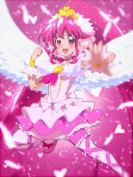 Rule 34 | 10s, 1girl, aino megumi, ballerina, bridal garter, brooch, choker, cure lovely, feathers, frills, full body, happinesscharge precure!, heart, heart brooch, jewelry, long hair, magical girl, outstretched hand, pantyhose, pink background, pink eyes, pink hair, pink skirt, pink theme, precure, skirt, smile, solo, super happiness lovely, tiara, tj-type1, twintails, white pantyhose, white wings, wings