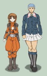 Rule 34 | 10s, 1boy, 1girl, bad end, character request, chirico cuvie, cosplay, costume switch, crossdressing, crossover, girls und panzer, hand on own chest, kamizono (spookyhouse), looking at viewer, nervous, nishizumi miho, parody, pleated skirt, serious, skirt, soukou kihei votoms, sweatdrop