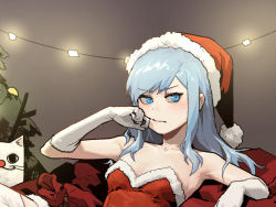 Rule 34 | 1girl, blue eyes, blue hair, blush, breasts, cat, christmas, christmas tree, closed mouth, dress, embarrassed, fur-trimmed dress, fur-trimmed headwear, fur trim, gloves, gogalking, hand up, hat, long hair, looking at viewer, original, reclining, red dress, red hat, santa costume, santa hat, small breasts, solo, strapless, strapless dress, thighhighs, white gloves, white thighhighs