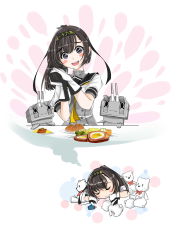Rule 34 | 10s, 1girl, absurdres, ahoge, akizuki (kancolle), bad id, bad pixiv id, black hair, blue eyes, blush stickers, chou-10cm-hou-chan, closed eyes, corset, dreaming, food, gesture, gloves, hachimaki, hair ornament, headband, highres, kantai collection, long hair, looking at viewer, machinery, neckerchief, open mouth, ponytail, sailor collar, school uniform, serafuku, short sleeves, simple background, sleeping, smile, solo, star-shaped pupils, star (symbol), stuffed animal, stuffed toy, symbol-shaped pupils, tearing up, teddy bear, thought bubble, upper body, white background, yeongming