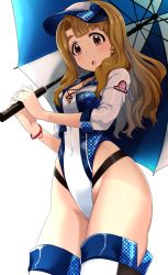 Rule 34 | 1girl, :o, bad id, bad twitter id, blunt bangs, blush, boots, breasts, brown hair, cleavage, collarbone, earrings, from below, hair over shoulder, heart, heart earrings, heart necklace, highres, holding, holding umbrella, idolmaster, idolmaster million live!, jacket, jewelry, leotard, light brown hair, long hair, looking at viewer, medium breasts, miyao miya, multicolored clothes, multicolored jacket, necklace, open mouth, race queen, run p (aveton), short sleeves, simple background, solo, thigh boots, thighhighs, two-tone headwear, two-tone jacket, umbrella, visor cap, white background, wristband, | |