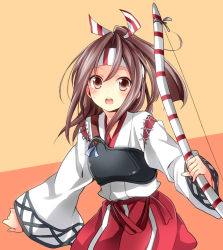 Rule 34 | 10s, 1girl, bow (weapon), brown eyes, brown hair, hair ribbon, headband, japanese clothes, kantai collection, kubyou azami, long hair, muneate, ponytail, ribbon, simple background, solo, weapon, zuihou (kancolle)