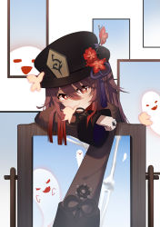 Rule 34 | 1girl, absurdres, arm support, brown hair, chinese clothes, commentary request, flower, genshin impact, ghost, hair between eyes, hat, hat flower, hat ornament, head rest, head tilt, highres, hu tao (genshin impact), jewelry, leaning forward, long hair, long sleeves, looking at viewer, qixia, red eyes, ring, sidelocks, smile, symbol-shaped pupils, twintails