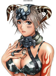 Rule 34 | 1girl, barcode, barcode tattoo, blue eyes, breasts, cleavage, collar, front-tie top, horns, jewelry, large breasts, ring, ryu (ryu&#039;s form site), short hair, silver hair, skull, solo, tattoo