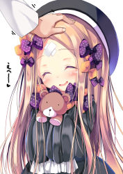 Rule 34 | 1girl, :d, ^ ^, abigail williams (fate), absurdres, black dress, black hat, blonde hair, blush, bow, closed eyes, crossed bandaids, dress, facing viewer, fate/grand order, fate (series), fingernails, hair bow, hand on head, hands up, hat, head tilt, headpat, heart, highres, holding, holding stuffed toy, long hair, long sleeves, neko pan, open mouth, orange bow, out of frame, parted bangs, polka dot, polka dot bow, purple bow, simple background, sleeves past fingers, sleeves past wrists, smile, solo focus, stuffed animal, stuffed toy, teddy bear, translation request, very long hair, white background