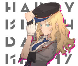 Rule 34 | 10s, 1girl, adapted uniform, adjusting clothes, adjusting headwear, arm up, text background, blazer, blonde hair, blue eyes, blue necktie, cabbie hat, character name, closed mouth, commentary request, dress shirt, emblem, english text, girls und panzer, gloves, grey jacket, hair intakes, hat, jacket, kay (girls und panzer), long hair, looking at viewer, necktie, open clothes, open jacket, saunders (emblem), saunders school uniform, school uniform, shirt, short sleeves, smile, solo, soramame (corndog), upper body, white gloves, white shirt