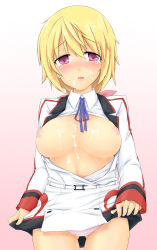 Rule 34 | 10s, 1girl, bad id, bad pixiv id, blonde hair, blush, breasts, breasts out, charlotte dunois, cum, cum on body, cum on breasts, cum on upper body, facial, highres, infinite stratos, itou ayachi, large breasts, nipples, open clothes, open mouth, panties, pink panties, ponytail, purple eyes, ribbon, solo, tears, underwear