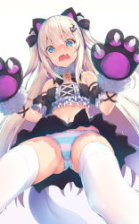 Rule 34 | 1girl, absurdres, anchor hair ornament, animal ears, animal hands, azur lane, bare shoulders, bell, black bow, black skirt, blonde hair, blue eyes, blush, bow, bowtie, breasts, cat ears, cat paws, clothes lift, collar, cowboy shot, crop top, detached collar, detached sleeves, embarrassed, fang, frilled sleeves, frills, from below, frown, gloves, hair between eyes, hair ornament, hammann (azur lane), hammann (hammanyan pawnch!) (azur lane), hands up, highres, legs apart, long hair, looking at viewer, looking down, midriff, miniskirt, nakazawa aki, navel, neck bell, open mouth, panties, paw gloves, pleated skirt, skin fang, skindentation, skirt, skirt lift, small breasts, solo, star (symbol), star hair ornament, striped clothes, striped panties, tears, thighhighs, underwear, upskirt, very long hair, white thighhighs