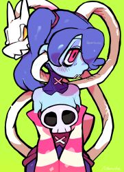 Rule 34 | 1girl, blue hair, blue skin, blush, colored skin, detached collar, detached sleeves, green background, hair over one eye, half-closed eyes, highres, leviathan (skullgirls), looking down, monster 0101, red eyes, side ponytail, skullgirls, solo, squigly (skullgirls), stitched mouth, stitches, striped sleeves, upper body