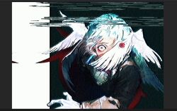 1boy blue_hair columbina_(genshin_impact) disembodied_eye dottore_(genshin_impact) feathered_wings genshin_impact glitch head_wings horror_(theme) kaikun2021 red_eyes wings