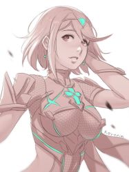 Rule 34 | 1girl, breasts, hair ornament, jewelry, koyorin, large breasts, monochrome, nintendo, pyra (xenoblade), short hair, simple background, smile, solo, tiara, xenoblade chronicles (series), xenoblade chronicles 2, xenoblade chronicles (series), xenoblade chronicles 2