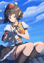 Rule 34 | 1girl, :q, absurdres, armband, black hair, black ribbon, black skirt, black socks, blush, boxers, buttons, camera, cloud, collarbone, collared shirt, floating hair, hat, highres, holding, holding notebook, holding pen, kneehighs, leaf print, left-handed, light brown hair, male underwear, neck ribbon, no wings, notebook, on roof, pen, petticoat, pointy ears, pom pom (clothes), puffy short sleeves, puffy sleeves, red hat, ribbon, rooftop, shameimaru aya, shirt, short hair, short sleeves, sitting on roof, skirt, sky, socks, solo, teaapot (vgu9734), thighs, tokin hat, tongue, tongue out, touhou, underwear, upskirt, white shirt, wind, wing collar, writing, yellow eyes