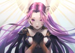 Rule 34 | 3girls, bracelet, breasts, bustier, cleavage cutout, clothing cutout, commentary, euryale (fate), fate/grand order, fate (series), fingernails, gorgon (fate), halo, hands on own chest, highres, hisame snow, jewelry, large breasts, long hair, looking at viewer, medusa (fate), multiple girls, nail polish, own hands clasped, own hands together, parted lips, purple eyes, purple hair, purple nails, rider, ring, scales, solo focus, stheno (fate), teardrop, tearing up, upper body, very long hair