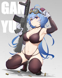 Rule 34 | 1girl, absurdres, ahoge, arm up, bare shoulders, bikini, black bikini, black choker, black footwear, black thighhighs, blue hair, breasts, character name, choker, commentary request, elbow gloves, ganyu (genshin impact), genshin impact, gloves, goggles, goggles on head, grey background, gun, hand up, high heels, highres, holding, holding gun, holding weapon, horns, large breasts, long hair, looking at viewer, nathda, navel, purple eyes, rifle, shell casing, solo, squatting, stomach, swimsuit, thighhighs, thighs, very long hair, weapon, white gloves