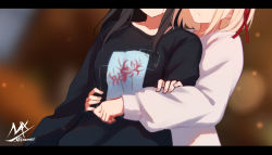 Rule 34 | 2girls, artist name, black hair, black shirt, blonde hair, blurry, blurry background, closed mouth, collarbone, depth of field, hair ribbon, head out of frame, highres, inoue takina, letterboxed, long hair, long sleeves, lycoris recoil, multiple girls, nishikigi chisato, puffy long sleeves, puffy sleeves, red ribbon, ribbon, shimmer, shirt, signature, smile, white shirt, yuri