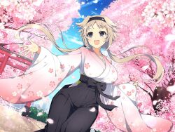 Rule 34 | 1girl, architecture, black hairband, black hakama, blue sky, blush, branch, breasts, brown hair, building, bush, cherry blossom print, cherry blossoms, city, cityscape, cloud, day, east asian architecture, falling petals, floral print, flower, grey eyes, hairband, hakama, hip vent, ibuki (senran kagura), japanese clothes, kimono, large breasts, long hair, long sleeves, low twintails, obi, official art, open mouth, outdoors, petals, pink flower, pink kimono, print kimono, sash, senran kagura, senran kagura new link, senran kagura new wave, sky, skyscraper, smile, solo, sparkle, spring (season), standing, standing on one leg, tabi, tile floor, tiles, torii, tree, twintails, underbust, wide sleeves, window, yaegashi nan