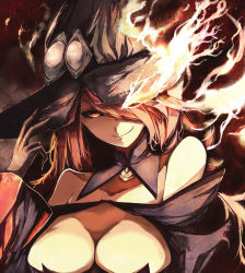 Rule 34 | 1girl, absurdres, blazblue, blazblue: central fiction, breasts, cleavage, fire, hair over one eye, hat, highres, konoe a. mercury, kyuu (plastic night q), large breasts, long hair, pink hair, smile, solo, witch hat, yellow eyes