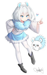 Rule 34 | 1girl, absurdres, black footwear, blue eyes, blue skirt, blush, boots, breasts, chiikawa, commentary request, creature and personification, flying squirrel, full body, fur-trimmed skirt, fur collar, fur trim, hair intakes, hand on own hip, heart, highres, index finger raised, leaning forward, medium breasts, medium hair, momonga (chiikawa), nekokatana catana, one side up, open mouth, pantyhose, personification, shirt, signature, simple background, skirt, solo, squirrel, white background, white hair, white pantyhose, white shirt, wide sleeves