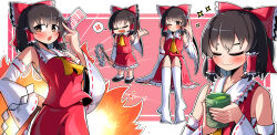 Rule 34 | 1girl, absurdres, anger vein, ascot, black footwear, black hair, blush, bow, bright pupils, brown eyes, chest sarashi, closed eyes, closed mouth, commentary, cup, detached sleeves, english commentary, gohei, hair bow, hair tubes, hakurei reimu, highres, holding, holding cup, looking at viewer, multiple views, ofuda, outline, red background, red bow, red shirt, ribbon-trimmed sleeves, ribbon trim, sarashi, shirt, sidelocks, smile, socks, spam (spamham4506), spoken anger vein, star (symbol), thighhighs, touhou, white outline, white pupils, white socks, white thighhighs, wide sleeves, yellow ascot