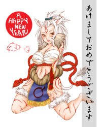Rule 34 | 1girl, amaterasu (ookami), animal ears, bakugami, boar, bodypaint, breasts, english text, gender request, genderswap, large breasts, lipstick, makeup, new year, ookami (game), personification, solo, tail, white hair, yellow eyes