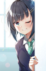 Rule 34 | 1girl, ;), black hair, black jacket, blue eyes, blush, collarbone, commentary request, green necktie, grin, hair ornament, hairclip, highres, indoors, jacket, light particles, looking at viewer, mole, mole under mouth, necktie, one eye closed, original, peeking out, school uniform, shirt, short hair, smile, solo, striped necktie, striped neckwear, takuro (taku3949), upper body, white shirt