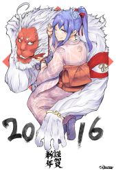 Rule 34 | 10s, 1girl, 2016, blue hair, colored skin, japanese clothes, kimono, looking at viewer, mole, mole under eye, monkey, new year, one eye closed, ponytail, purple hair, red skin, sigama, simple background, smile, white background