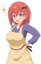Rule 34 | 1girl, :d, apron, breasts, demon girl, fang, gabriel dropout, hair ornament, satanichia kurumizawa mcdowell, large breasts, long sleeves, medium hair, nyaroon, aged up, open mouth, pink eyes, purple shirt, red hair, shirt, simple background, smile, sparkle, white background, yellow apron